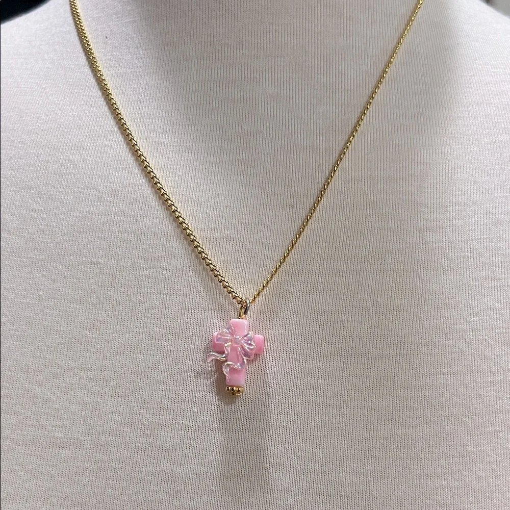 Lightweight Pink Cross with Bow Pendant Necklace